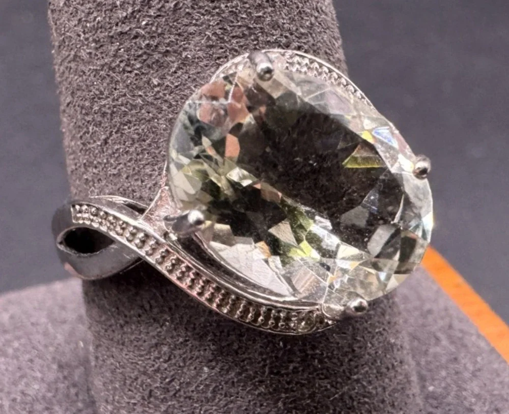 Vtg 925 Sterling Silver Oval Prasiolite Green Amethyst Cocktail Ring Sz 10.25